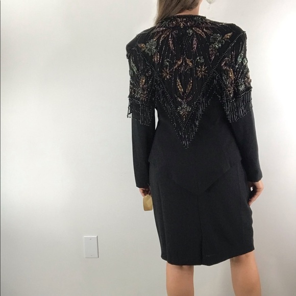 CASADEI Vintage Black Beaded Floral Fringe Cocktail Blazer Jacket Skirt Suit Set - Picture 5 of 16